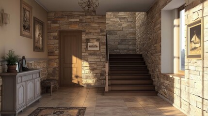 A well-lit entrance hall featuring stone walls, wooden stairs, and decorative elements.