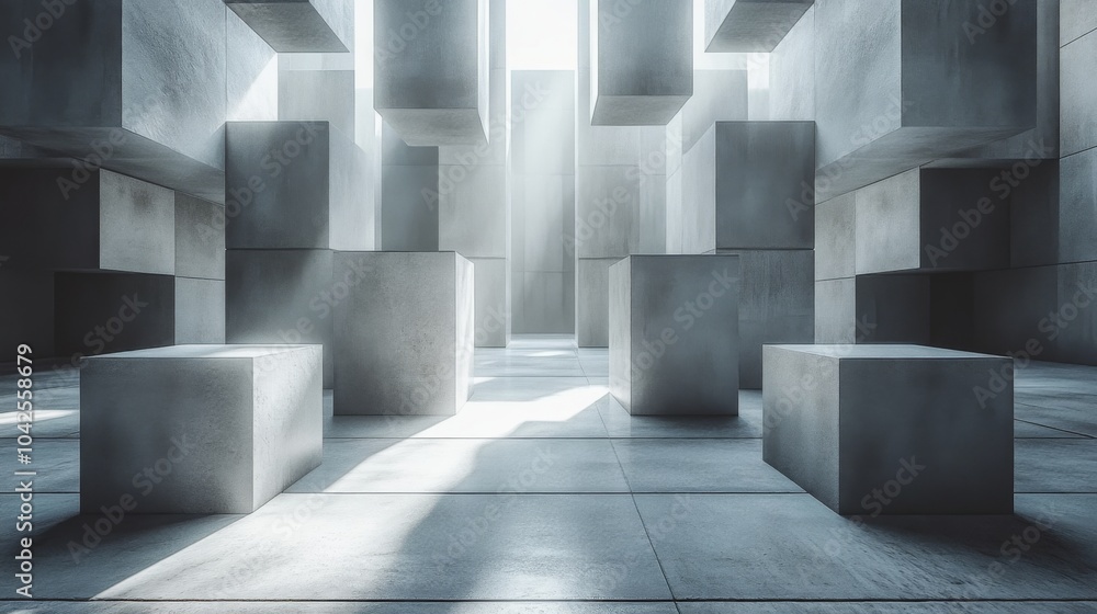 Poster In this abstract indoor environment, large concrete blocks are arranged throughout the space, illuminated by soft light filtering through, creating intriguing shadows.