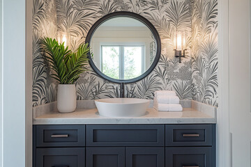 Elegant powder room with a statement mirror, bold wallpaper, and modern fixtures.