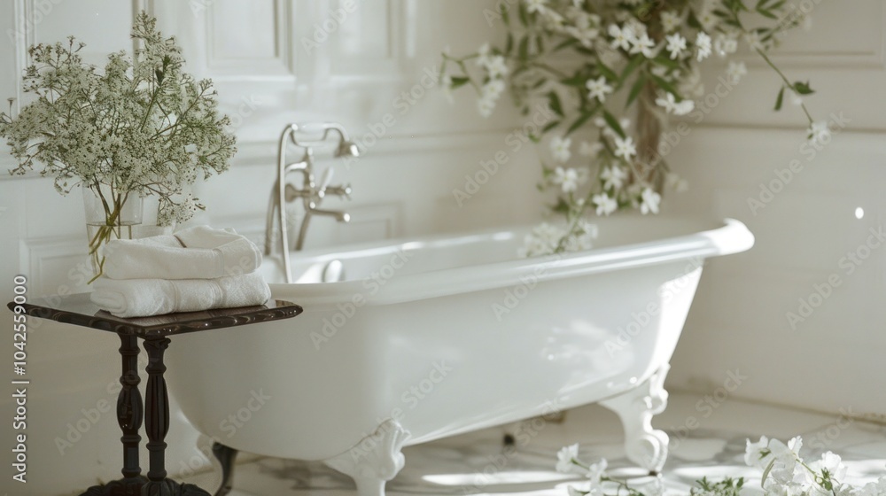 Poster Luxury Bathroom with White Tub and Flowers