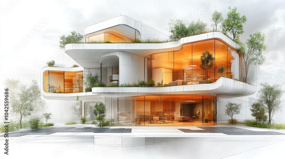 Poster modern architectural design featuring a multi-level house with greenery.