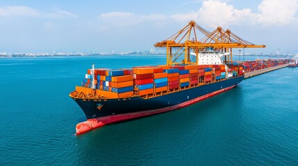 Efficient Logistics Management at Busy Port: Container Ship Being Loaded by Cranes, Global Trade Concept