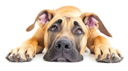 Obraz premium A close-up of a relaxed dog lying down, looking curiously at the viewer.
