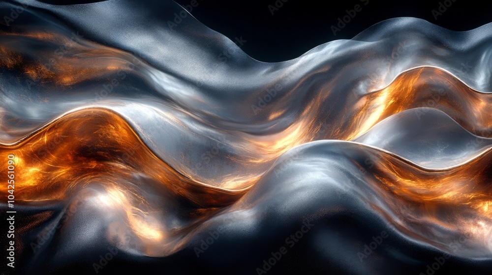 Poster a mesmerizing display of metallic waves undulating, featuring vibrant orange highlights that create 