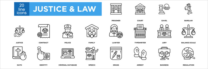 justice & law icon collection set. Containing design prisoner, court, gavel, burglar, justice