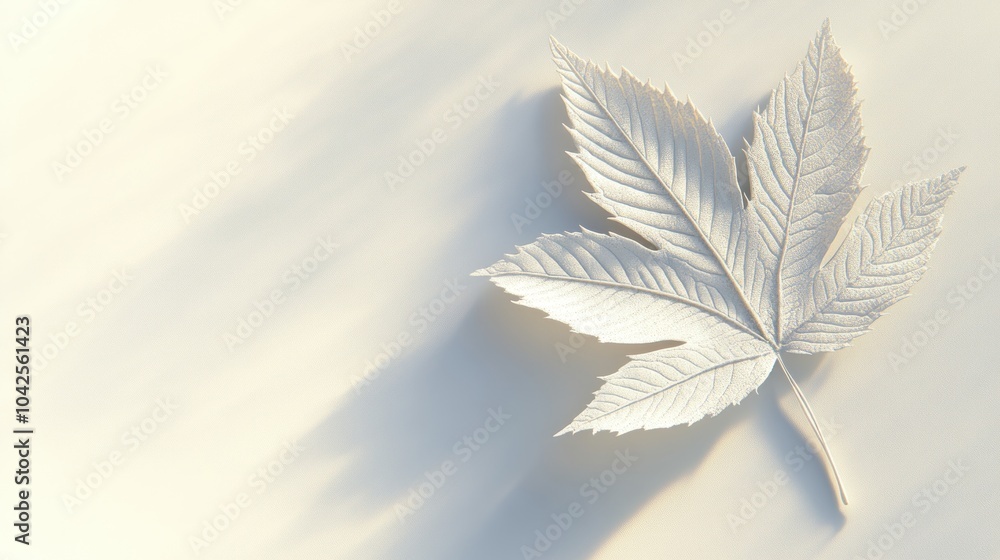 Poster a delicate white leaf resting on a soft background, creating a serene and minimalist aesthetic.