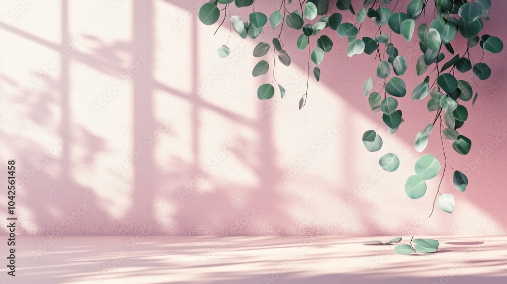 Canvas Prints A serene scene featuring hanging leaves and soft shadows against a pastel wall.