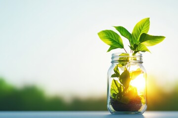 Fresh green plant in glass jar, sunlight, nature's beauty, serene background.