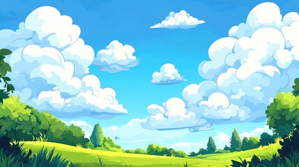 Lush Green Meadow with Puffy White Clouds and a Clear Blue Sky