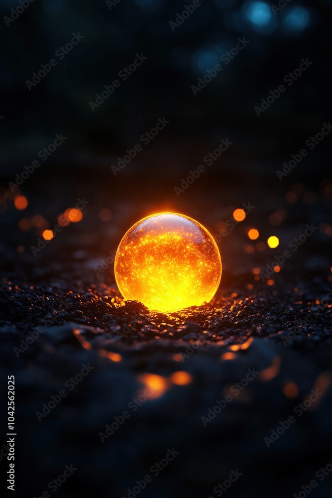 Poster Glowing orb on dark ground with glowing particles in the background.