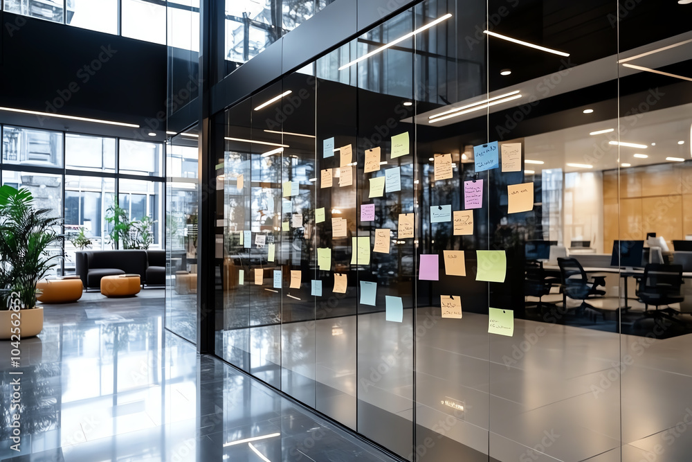 Poster innovative workspace with sticky notes for collaborative brainstorming and project planning