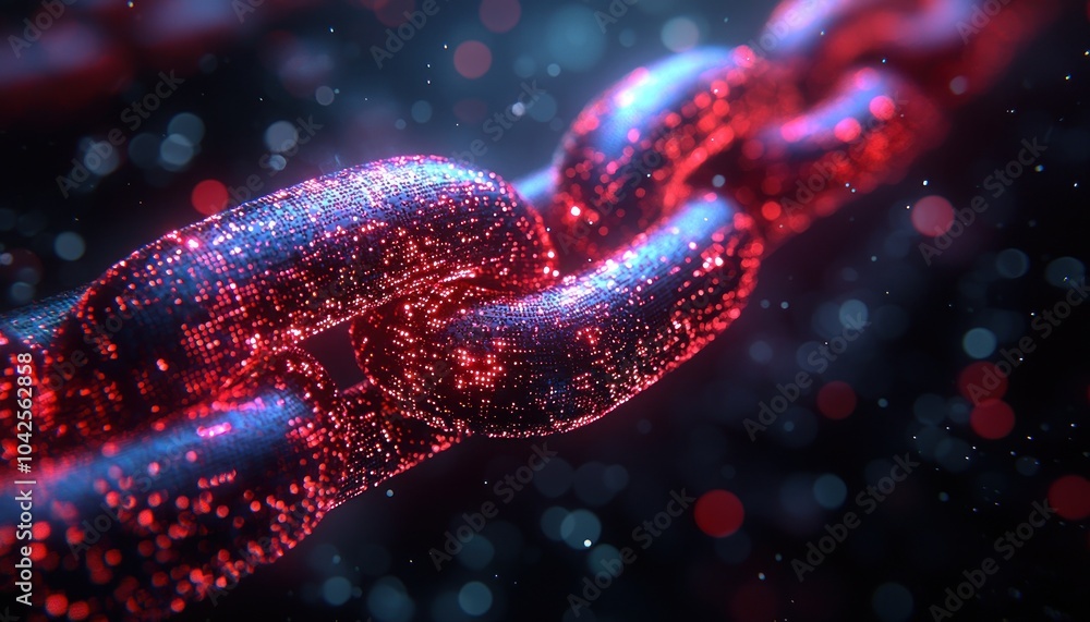Poster a red and blue metallic chain glowing with sparkle in the dark