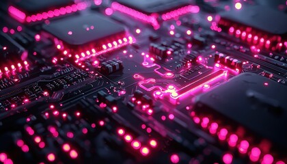 Obraz premium A Close-Up of a Circuit Board with Pink LEDs