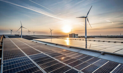 Sustainable energy complex with solar panels and wind turbines