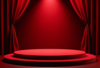 Elegant Red Velvet Stage with Dramatic Lighting for Luxurious Product Displays: A Photorealistic 3D Render of a Sophisticated Presentation Space
