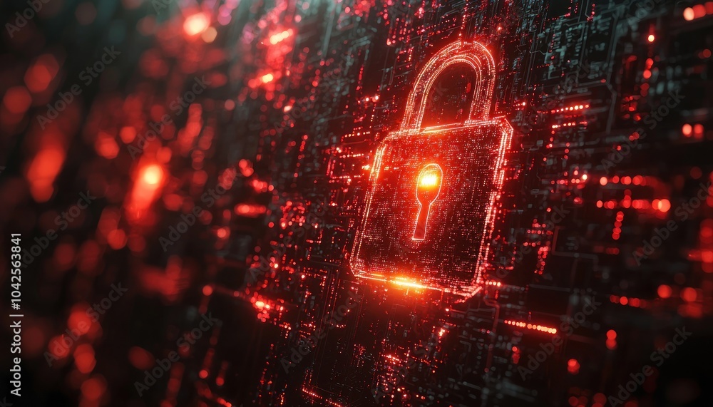 Poster glowing red lock icon on a circuit board background
