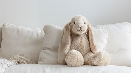 Plush Bunny Sitting on a White Sofa