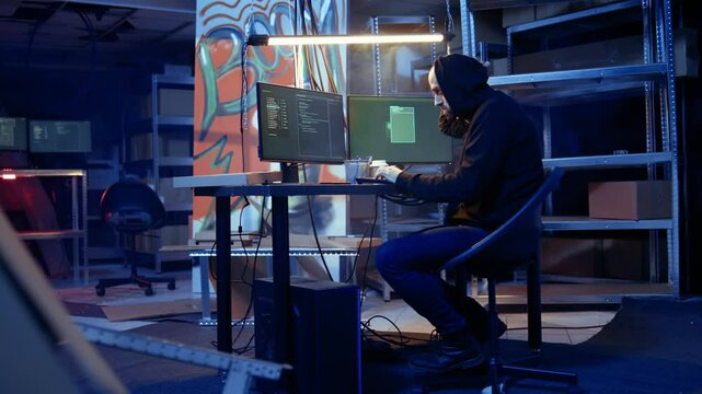 Revealing shot of spy using VPN and darknet as anonymity tools to mask online identity while stealing governmental secrets. Man in underground bunker masks his location, committing espionage, camera A