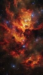 Naklejka premium A mesmerizing view of a nebula, glowing with fiery orange hues against a backdrop of twinkling stars.