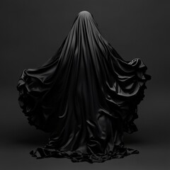 Naklejka premium Mysterious black draped figure against a dark background, haunting and ethereal.
