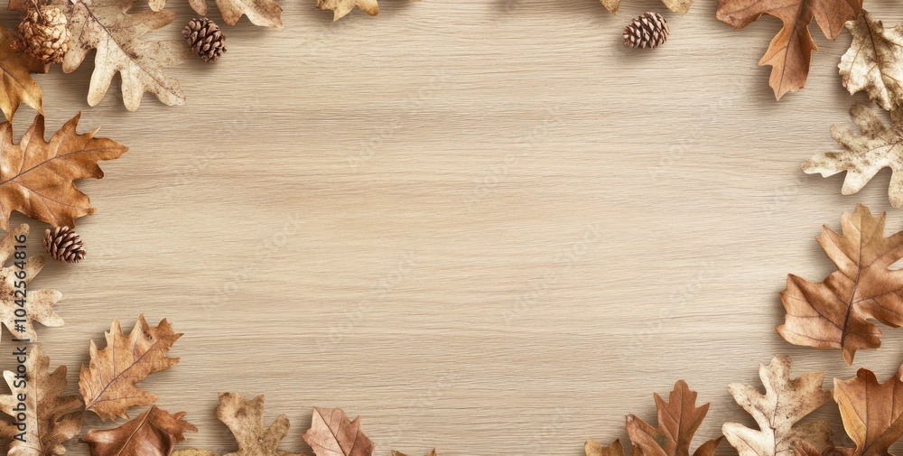 Sticker A wooden surface framed by autumn leaves and pinecones, creating a seasonal aesthetic.