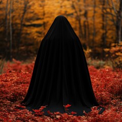 Naklejka premium Mysterious figure in black cloak surrounded by vibrant autumn foliage.