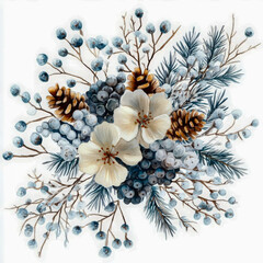 Illustration of a winter-themed floral arrangement featuring pinecones, white flowers, and frosted berries, evoking a seasonal and festive mood