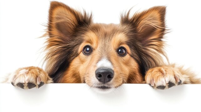 A close-up of a friendly dog with a soft expression, resting its paws on a surface.