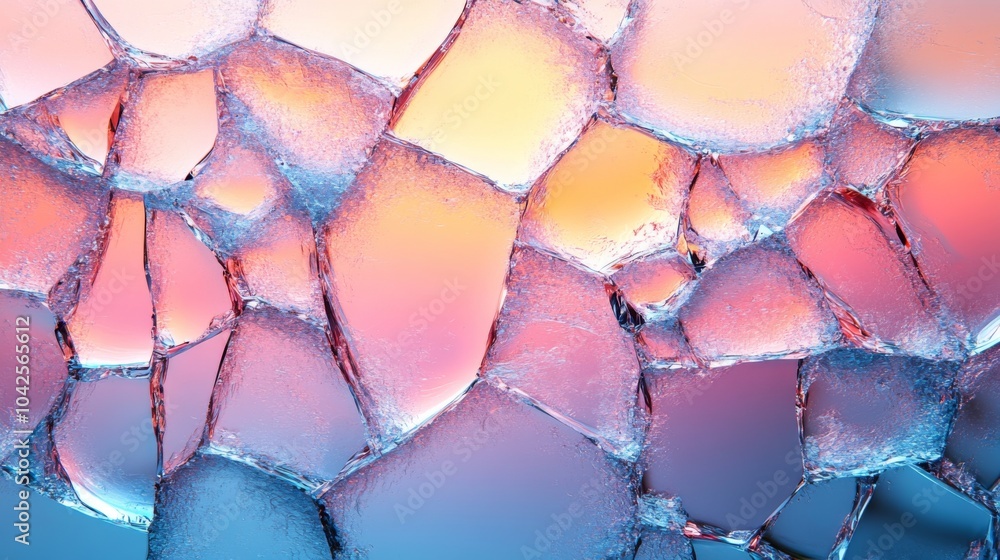 Poster Intricate layers of colorful ice form complex patterns, illuminated by soft hues of pink and blue, creating a captivating abstract display in a chilly setting.