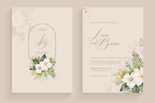 Aesthetic Wedding Invitation Template with Tropical Flower Bouquet Watercolor