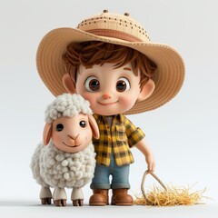 Child Cartoon Character Dressed as Farmer with Sheep
