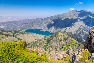 Scenery of Heaven Lake, Tianshan Tianchi National Geopark, bird view, copy space for text