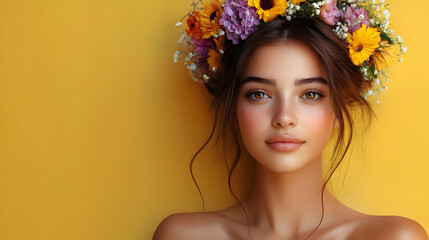 Flower Crown Beauty:  A Stunning Look with Yellow and Purple Blooms
