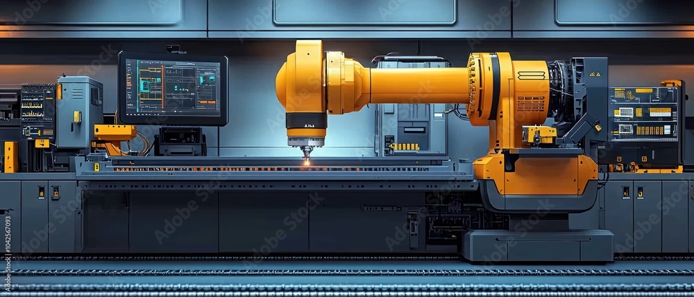 Poster industrial robot arm performing laser cutting on a metal sheet in a factory setting