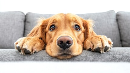A golden retriever resting its head on a couch, looking curiously at the viewer.