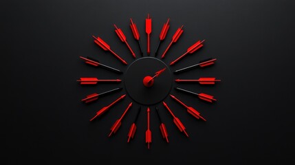 A stylized clock with red and black elements, resembling financial market indicators.
