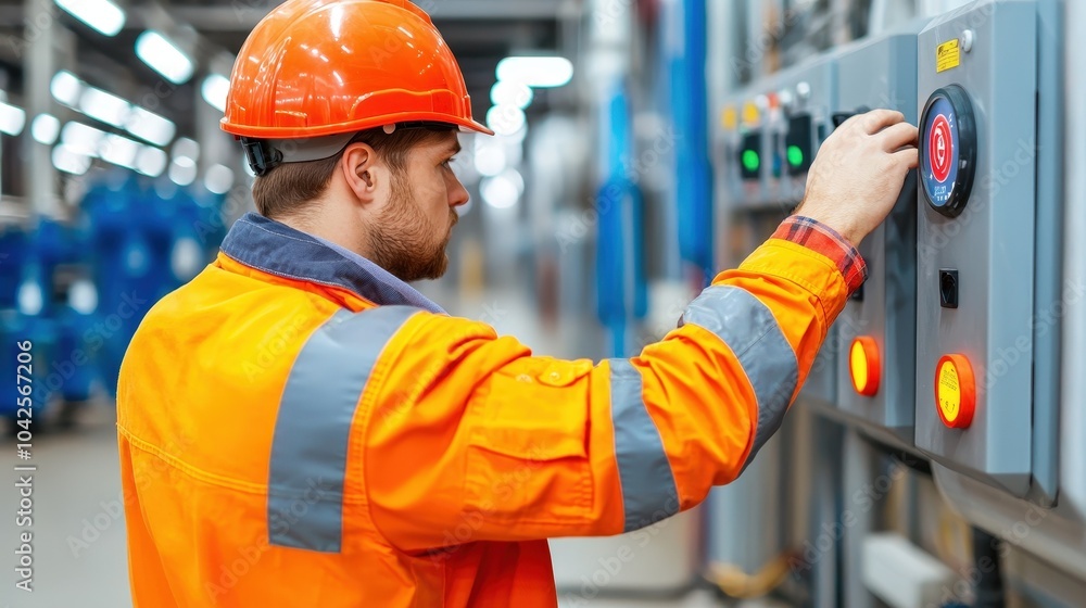 Wall mural a hand in a work jacket adjusting a smart building sensor for enhanced efficiency and control in mod