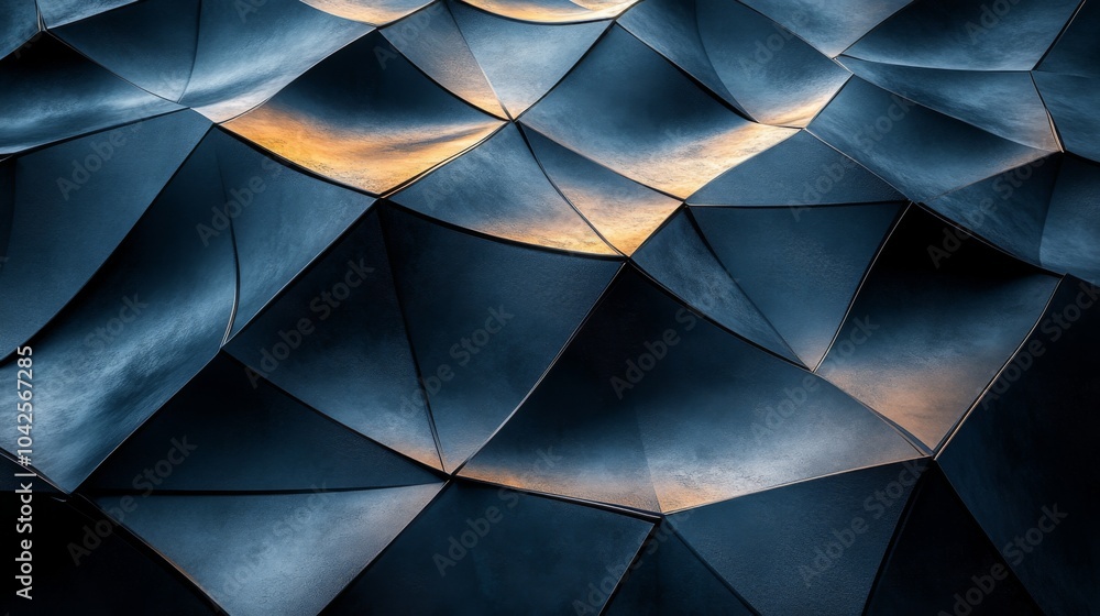 Leinwandbilder A detailed view of an artistic architectural surface showcases textured panels reflecting warm light, creating a captivating visual experience. The design emphasizes geometric shapes and shadows.