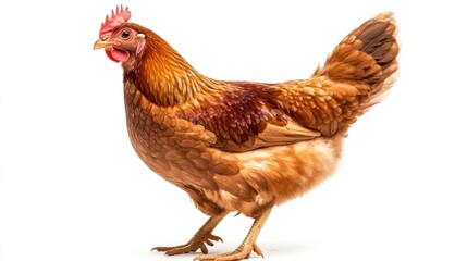 Fototapeta premium A brown hen standing on a white background, showcasing its feathers and features.