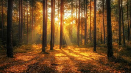 As the sun dips low, golden light filters through the tall pines, illuminating a carpet of golden leaves and casting enchanting shadows across the serene forest floor.