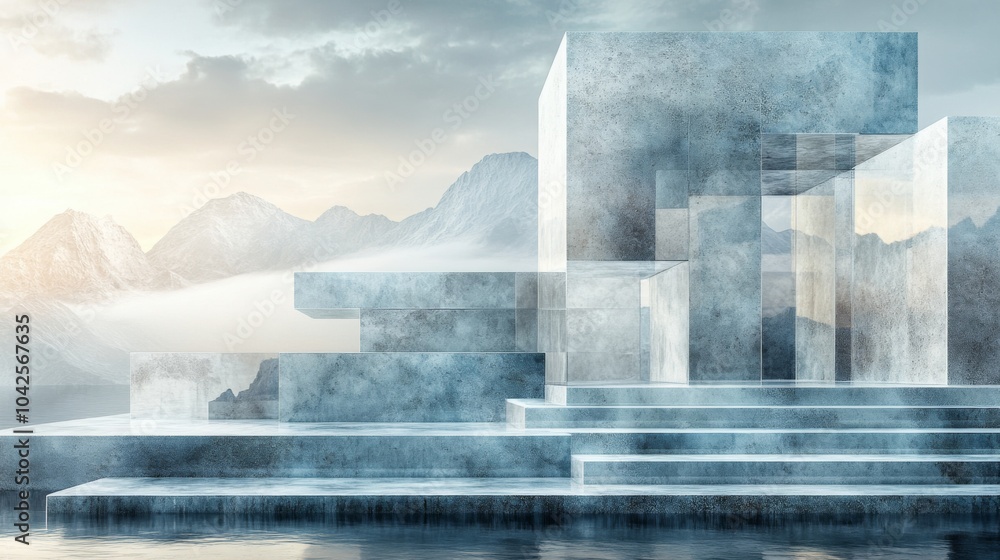 Poster a striking abstract ice structure is reflected in a peaceful lake, framed by majestic mountains as d
