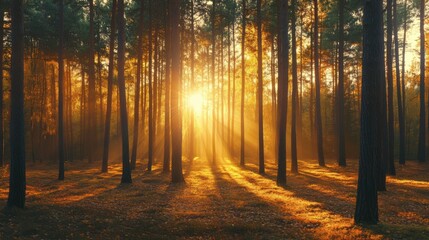 As the sun dips low, golden light filters through the tall pines, illuminating a carpet of golden leaves and casting enchanting shadows across the serene forest floor.