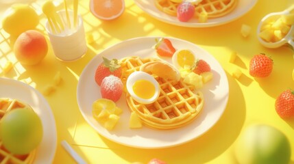 Bright Yellow Waffle Dish with Fruit on Vibrant Background