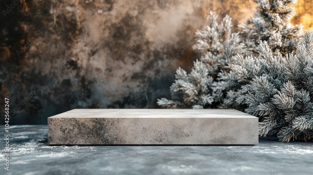Poster a minimalist display featuring a concrete block and frosted greenery, ideal for product presentation