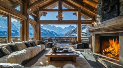 Roaring fireplace in a luxurious alpine chalet, windows framing snowcapped mountains, rustic wooden beams, and modern decor create cozy elegance.
