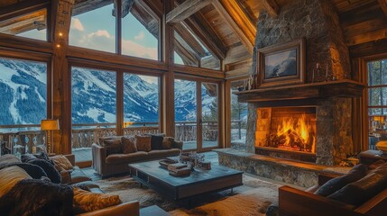 Roaring fireplace in a luxurious alpine chalet, windows framing snowcapped mountains, rustic wooden beams, and modern decor create cozy elegance.