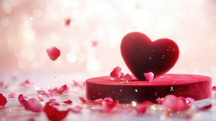 Obraz premium Romantic Valentine's still life with a heart-shaped red velvet podium, surrounded by floating rose petals and shimmering gold particles, soft pink background