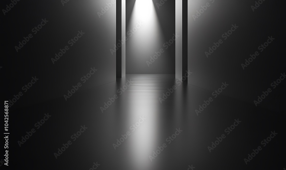 Poster A dimly lit corridor with light streaming through two doors, creating a mysterious and atmospheric scene.