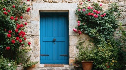 Fototapeta premium Rustic stone cottage entry with a bold blue door and a cascade of roses climbing the wall, exuding a charming countryside vibe.