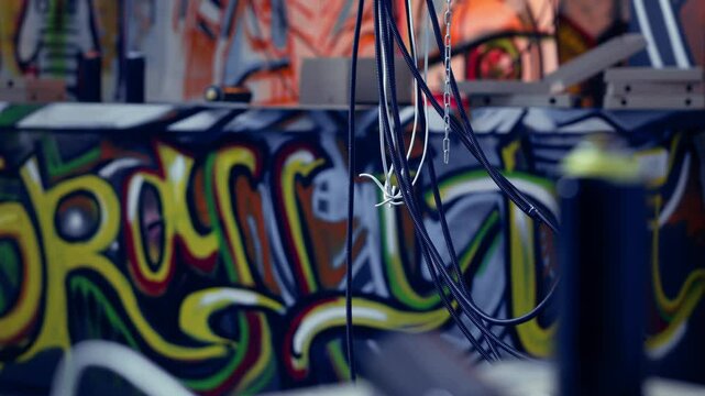 Subversive graffiti art on walls in derelict building, concept of counterculture lifestyle. Close up shot of hanging electric cables in ghetto abandoned building used as headquarters by teenagers